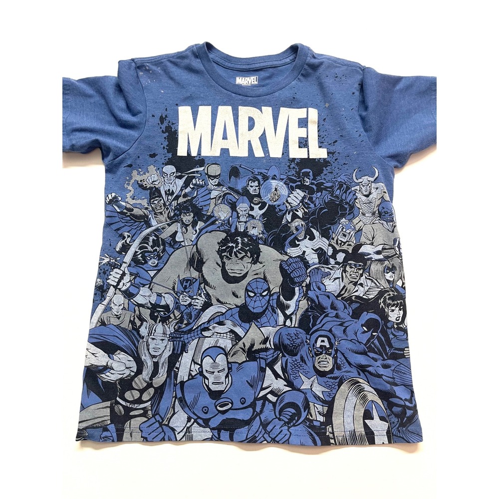 Marvel Avengers Kids Large Blue Graphic T-Shirt Spiderman Thor Iron Man Hulk 403
